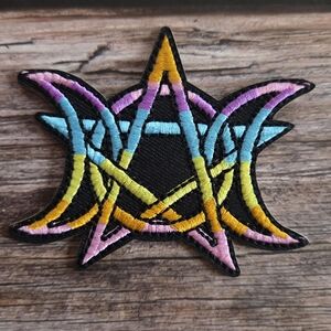 Triple Moon Triquetra Pentagram Witch New Age Rainbow Embroidered Iron on Patch